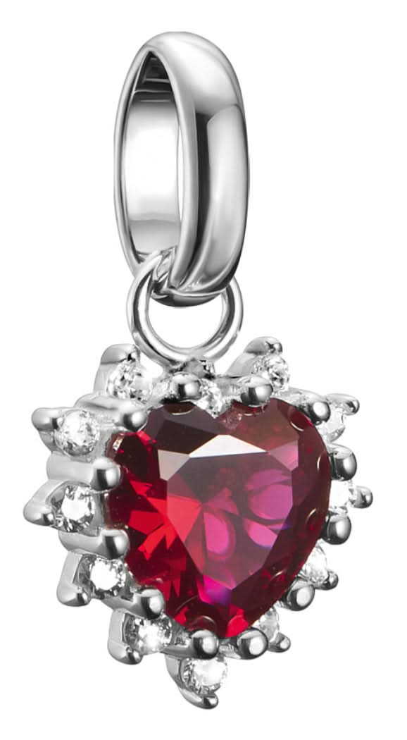 Pendentif breloque en argent avec pierre de cœur rouge sertie en griffes et passant supérieur
