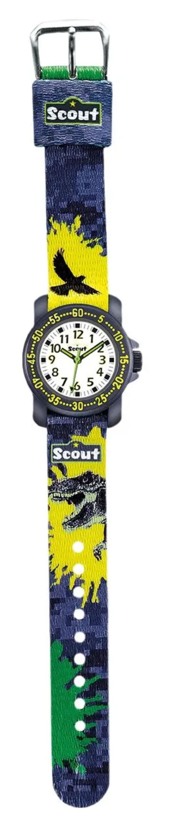 Montre bracelet Scout pour garçon avec cadran rond et bracelet bleu et jaune, chiffres d'apprentissage.