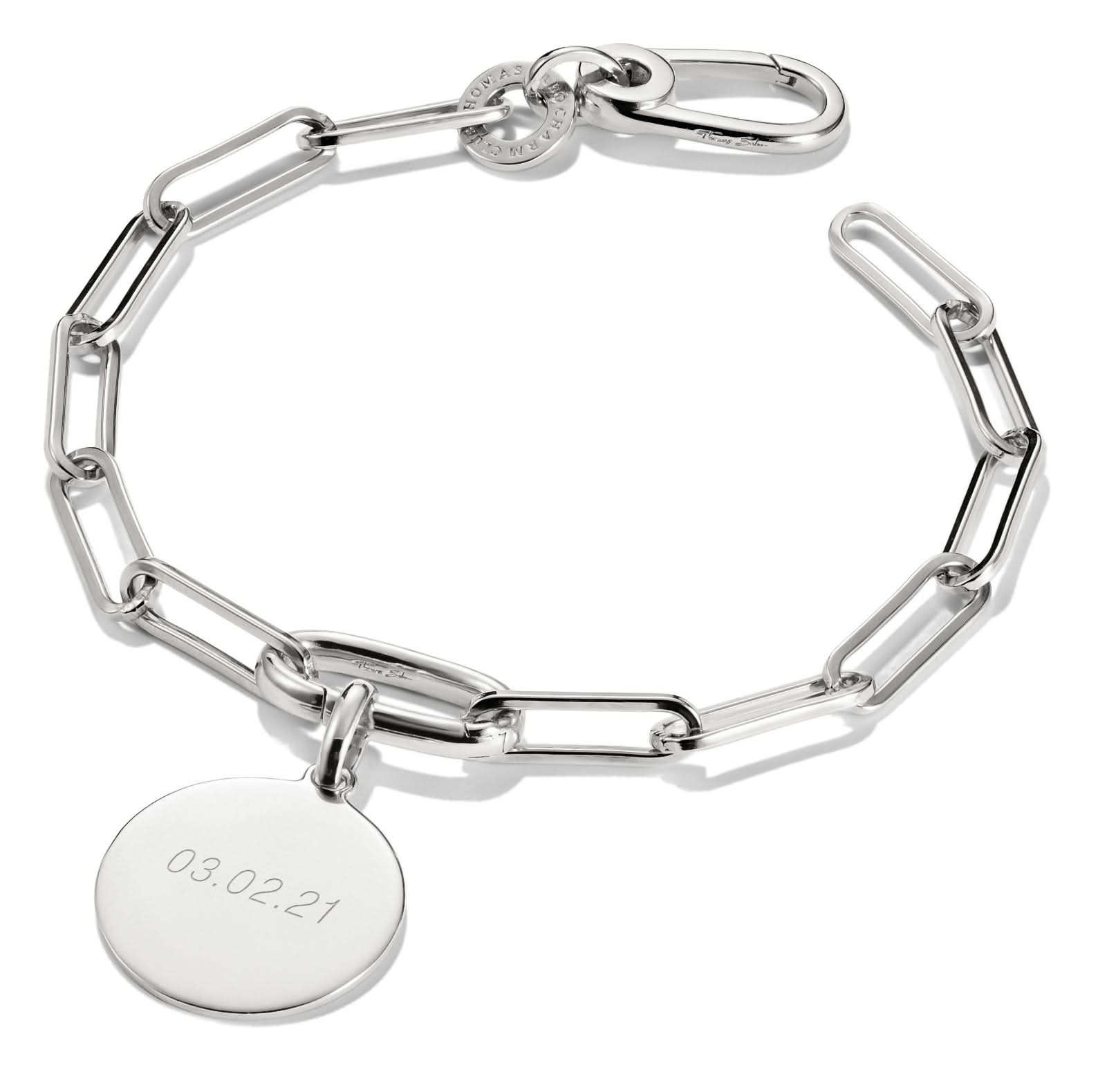Bracelet jonc en argent avec maillons trombone et breloque ronde, fermoir mousqueton