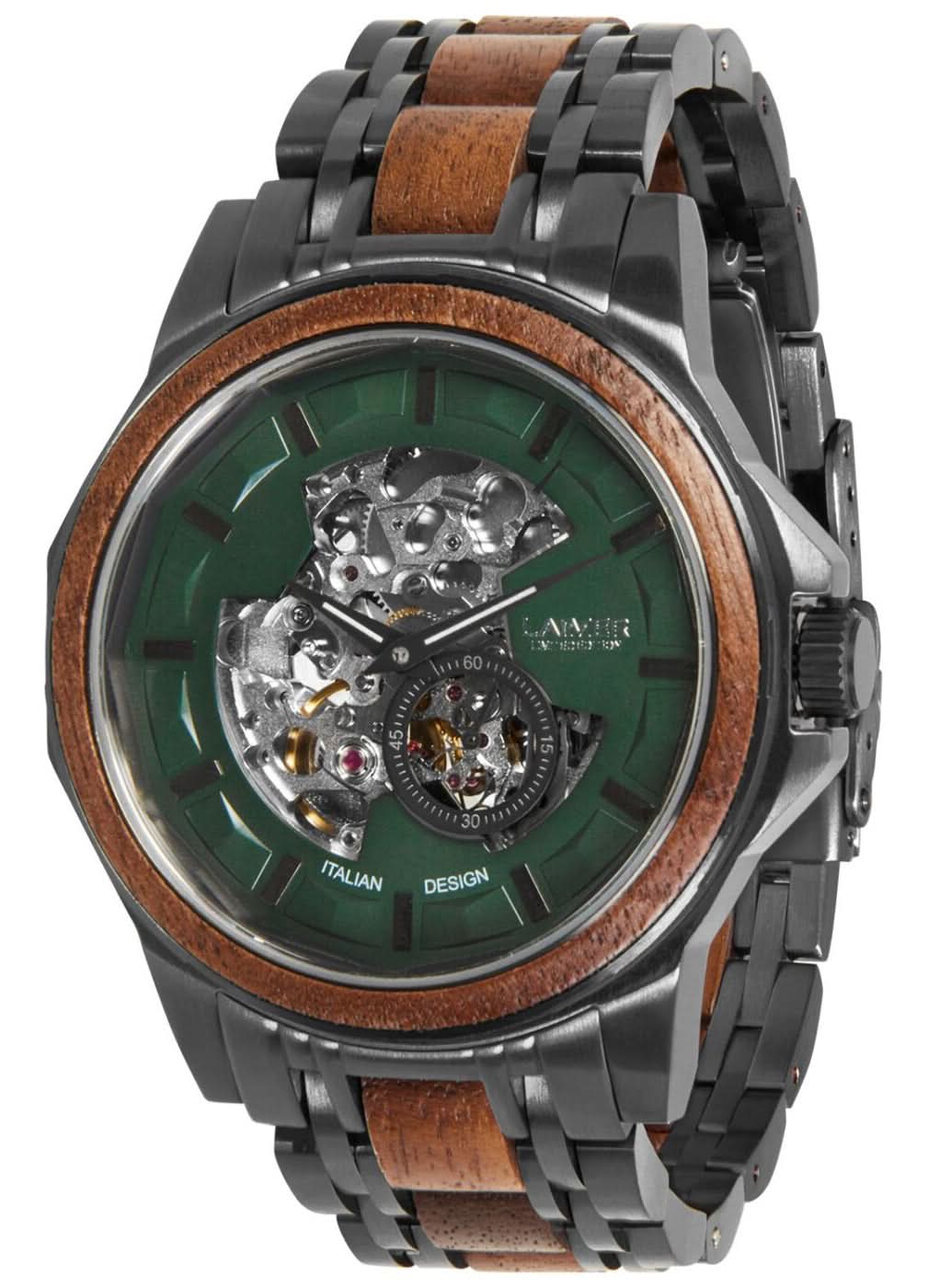 Montre automatique pour homme avec cadran vert, mouvement apparent, bracelet en acier noir avec bois