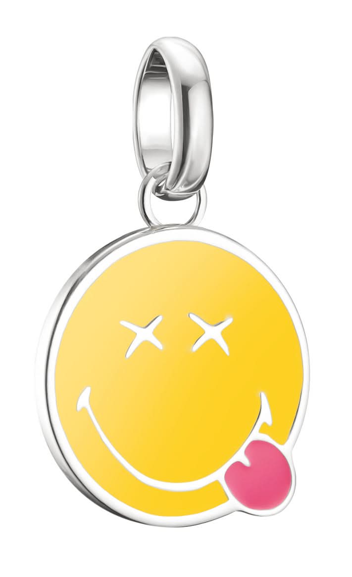 Pendentif breloque argenté : smiley rond jaune à joue rose