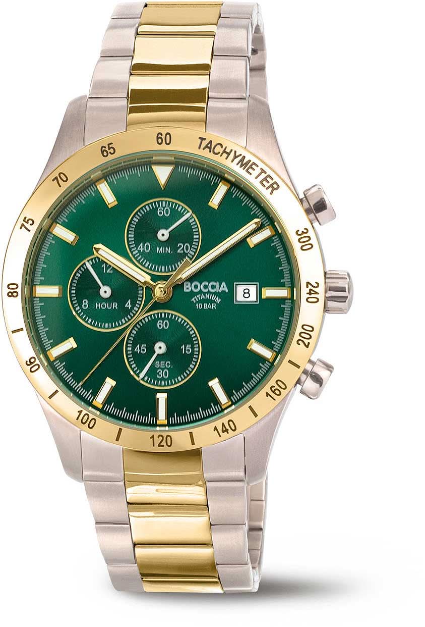 Bracelet de montre pour homme avec cadran vert, chronographe, bracelet en acier inoxydable doré/argenté