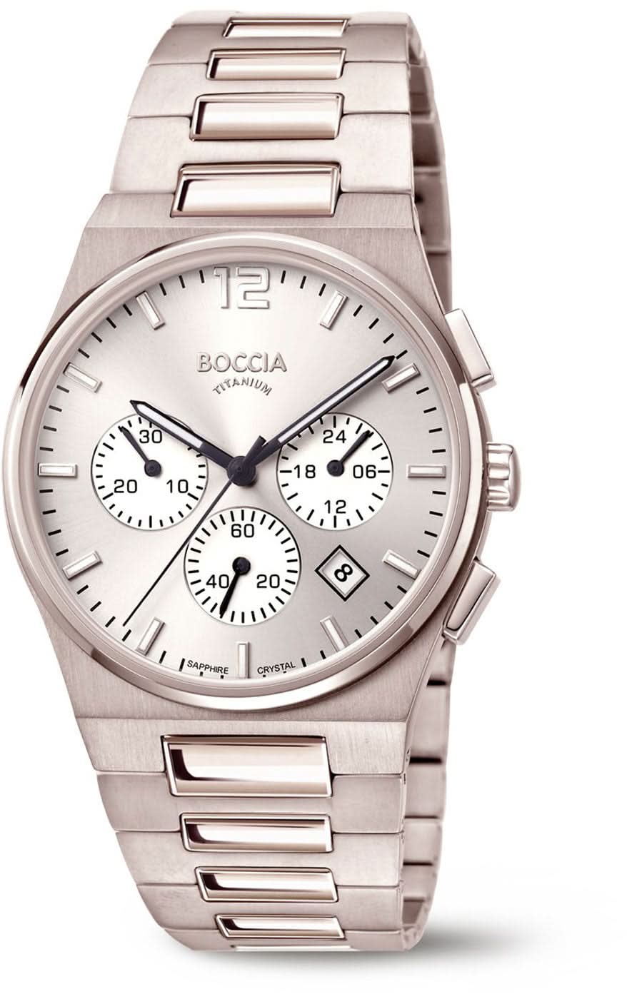 Bracelet de montre pour homme avec cadran argenté, sous-cadrans chronographe et bracelet en métal