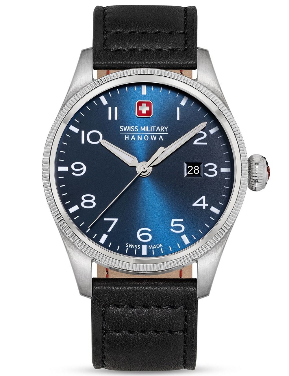 Herrenarmbanduhr Swiss Military Hanowa mit dunkelblauem Zifferblatt und schwarzem Lederband