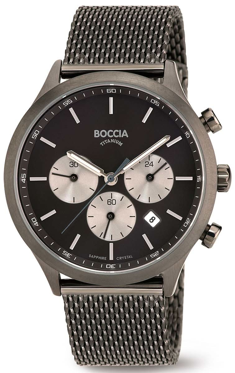 Bracelet de montre Boccia pour homme avec cadran noir, chronographe, bracelet en maille et boîtier en titane pur