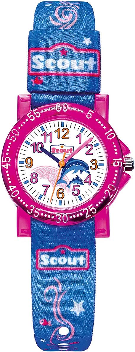 Mädchen-Uhr mit blauem Delfin-Band und pinkem Ziffernblatt von Scout