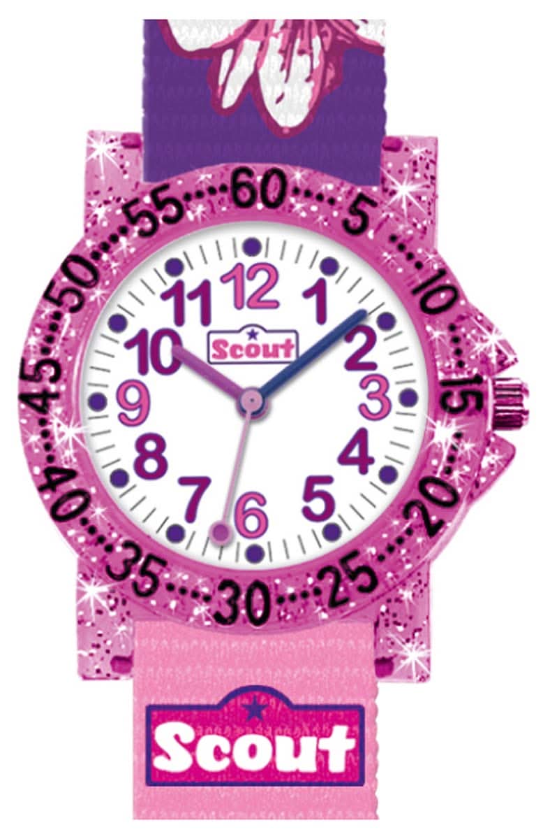 Montre d'apprentissage pour filles avec cadran rose-violet, bracelet rose, logo Scout