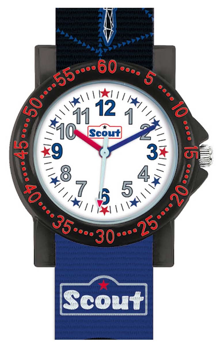 Kinderarmbanduhr mit blauem Textilband, rundem Lernzifferblatt und Scout-Logo
