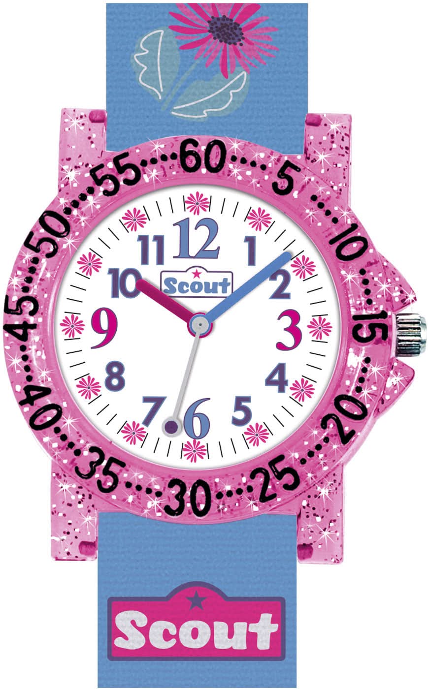 Montre d'apprentissage pour filles avec bracelet rose et bleu, motif cheval et fleurs, chiffres, logo Scout
