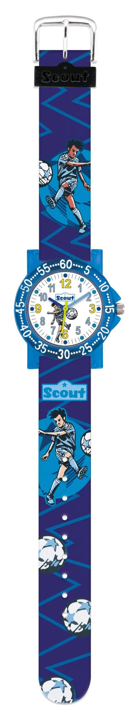 Montre enfant avec bracelet textile bleu et cadran rond, chiffres et indicateur d'apprentissage.