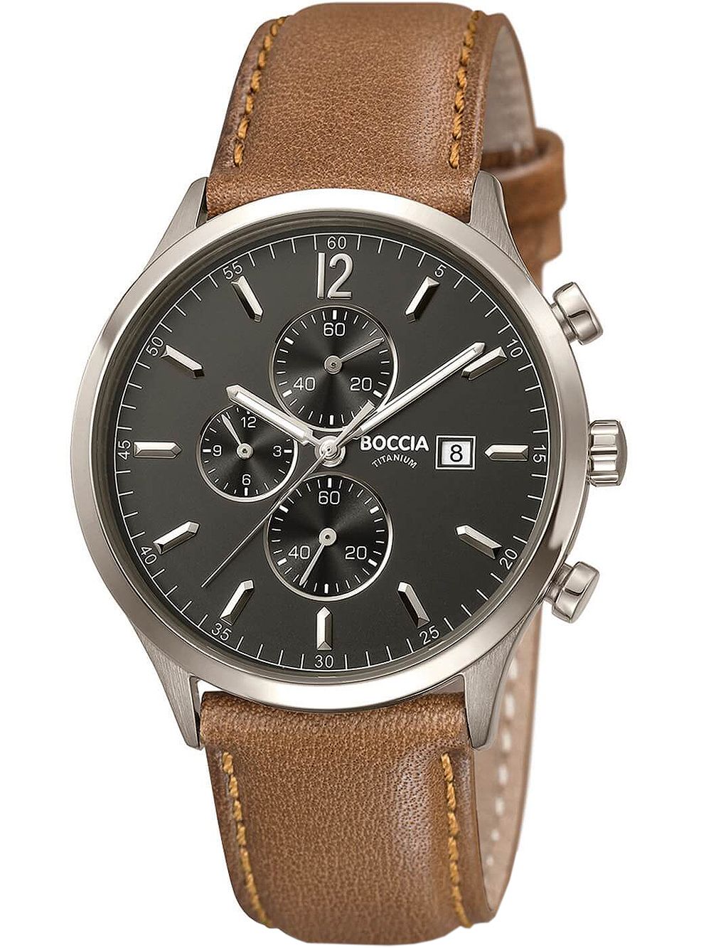 Boccia Herren-Chronograph: Titan-Gehäuse, braunes Lederband, schwarzes Zifferblatt