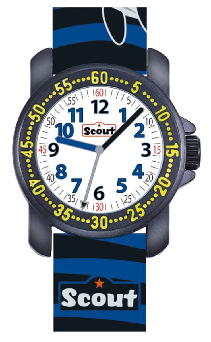 Montre d'apprentissage pour garçon avec bracelet bleu Orca, boîtier gris foncé et cadran avec logo Scout