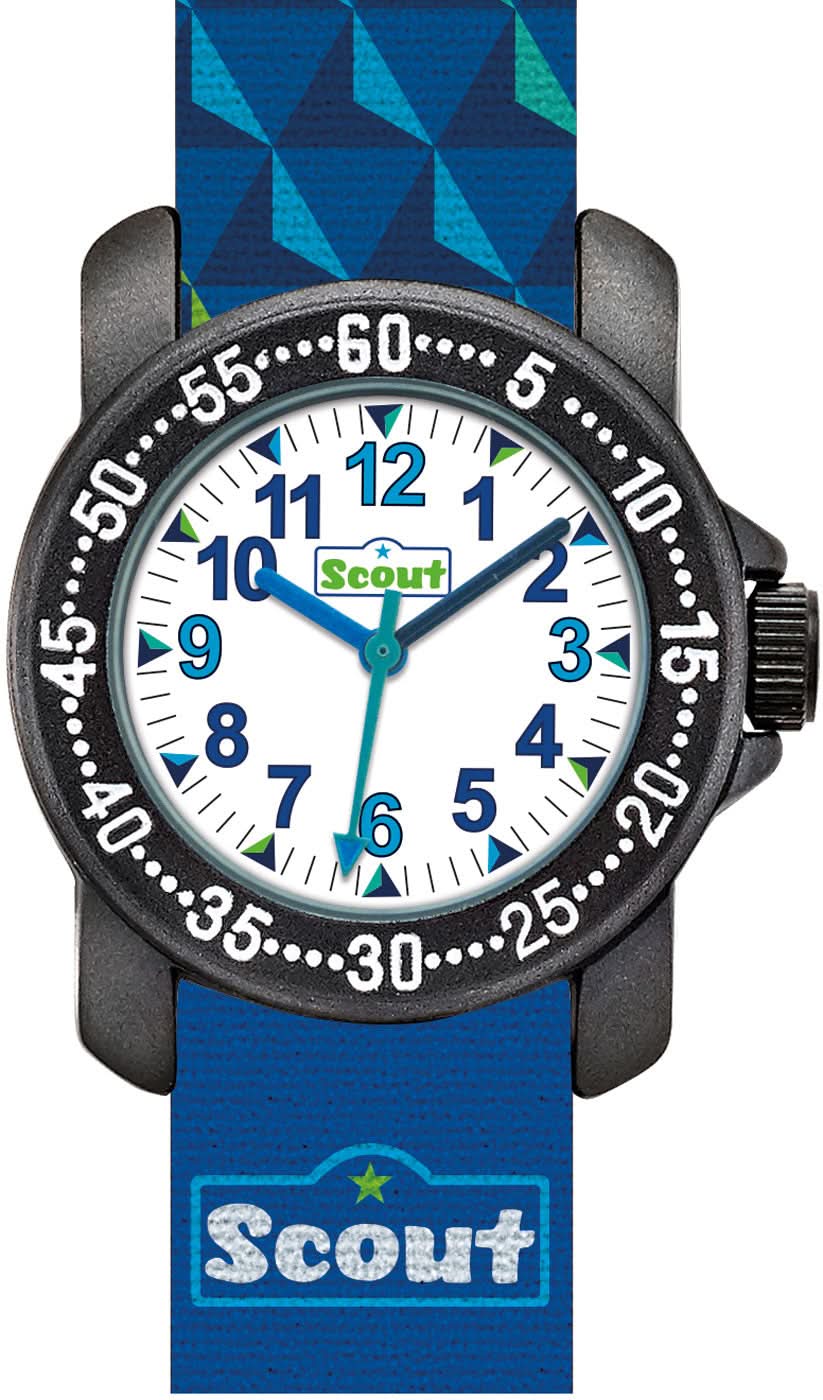 Montre enfant avec cadran rond, bordure noire et bracelet textile bleu, logo Scout.
