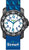 Montre enfant avec cadran rond, bordure noire et bracelet textile bleu, logo Scout.