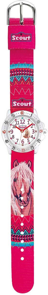 Mädchen-Lernuhr mit pinkem Armband, runder weißer Ziffernfläche und Pferdemotiv