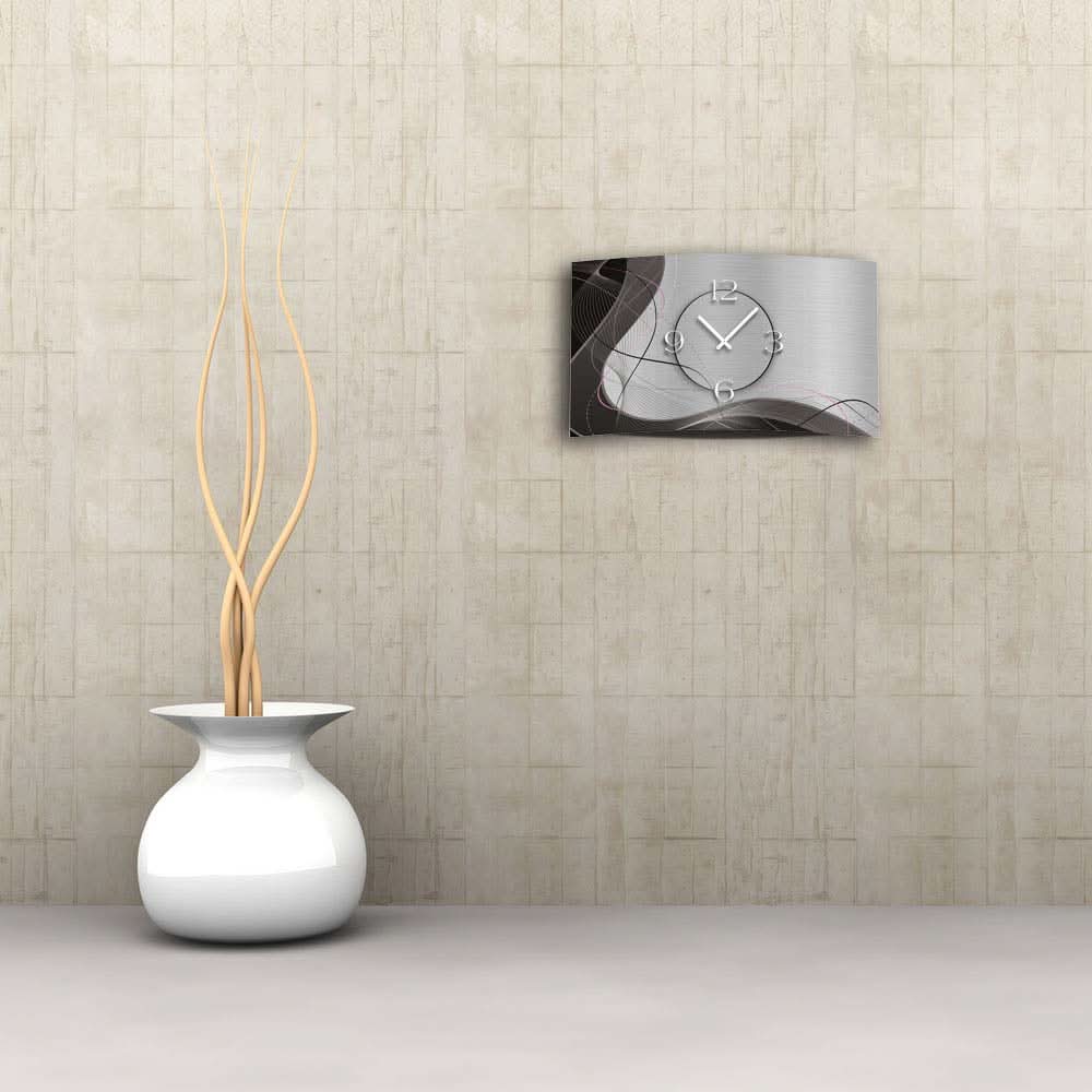 Horloge murale rectangulaire en aluminium, gris argenté avec motif et aiguilles noirs