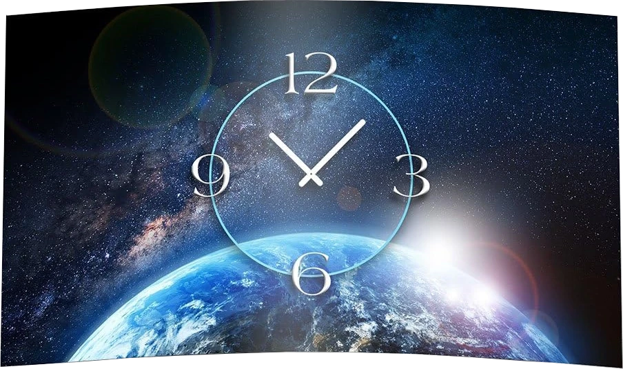 Horloge murale moderne avec grand cadran et motif étoiles/espace, aiguilles argentées