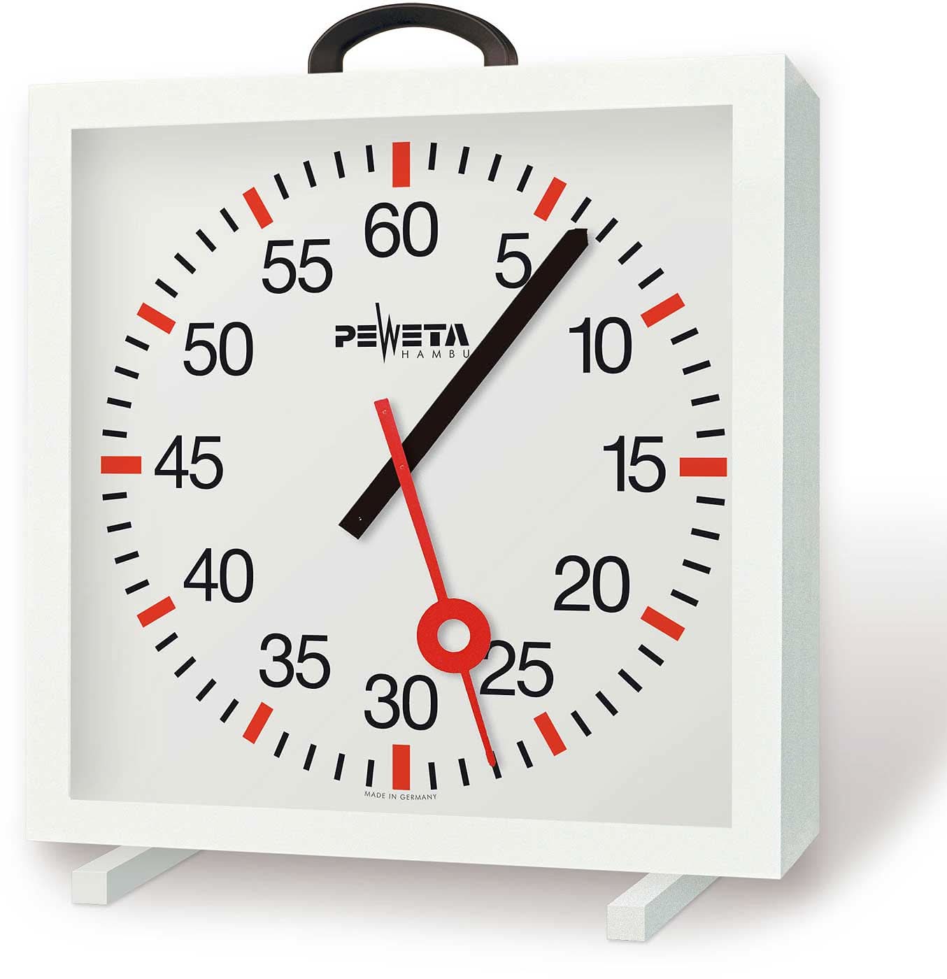 Horloge murale avec cadran blanc, aiguilles noires et touches rouges dans un boîtier en métal