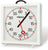 Horloge murale avec cadran blanc, aiguilles noires et touches rouges dans un boîtier en métal