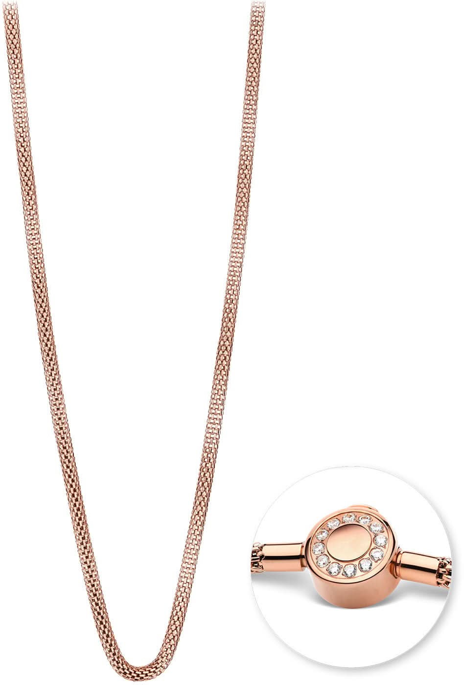 Collier en acier inoxydable plaqué or rose avec une fine chaîne à maillons et un pendentif rond orné de pierres