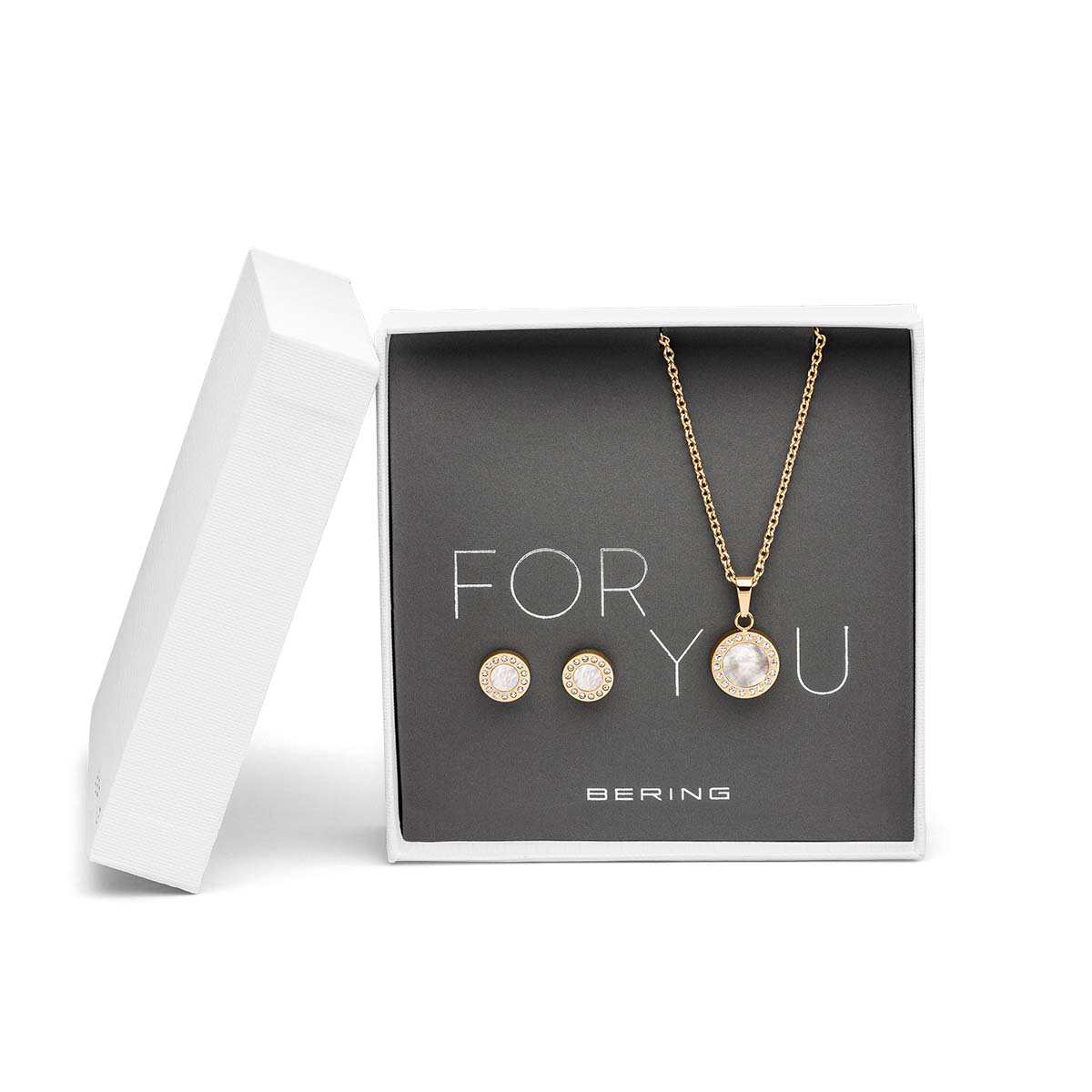 Schmuck-Set: goldfarbene Halskette mit Anhänger und runde Ohrstecker mit Stein