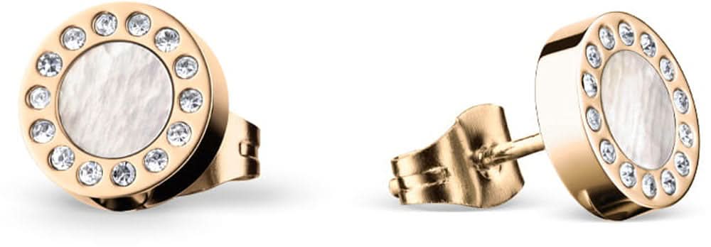 Boucles d'oreilles dorées en acier inoxydable avec monture ronde, aspect nacre et zirconiums