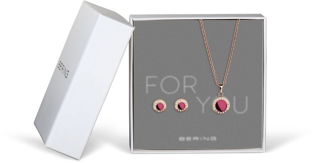 Ensemble de bijoux composé d'un collier et de clous d'oreilles, couleur or rose, pendentif rond violet, pierres