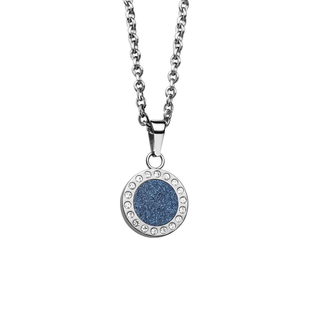 Collier avec pendentif rond, pavé de paillettes bleues et pierres scintillantes