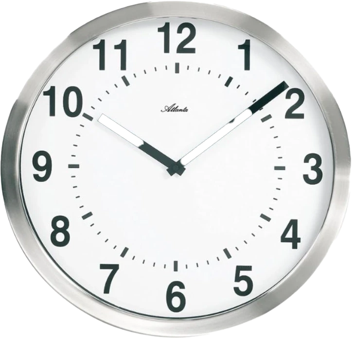 Horloge murale Atlanta, ronde avec cadre argenté, cadran blanc et aiguilles noires.