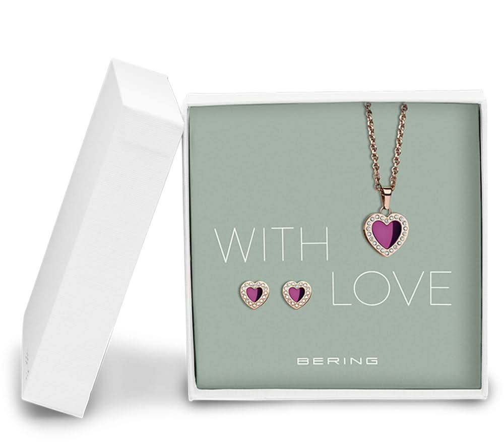 BERING Ensemble de bijoux : collier avec pendentif cœur, cœur violet, plus boucles d'oreilles cœur