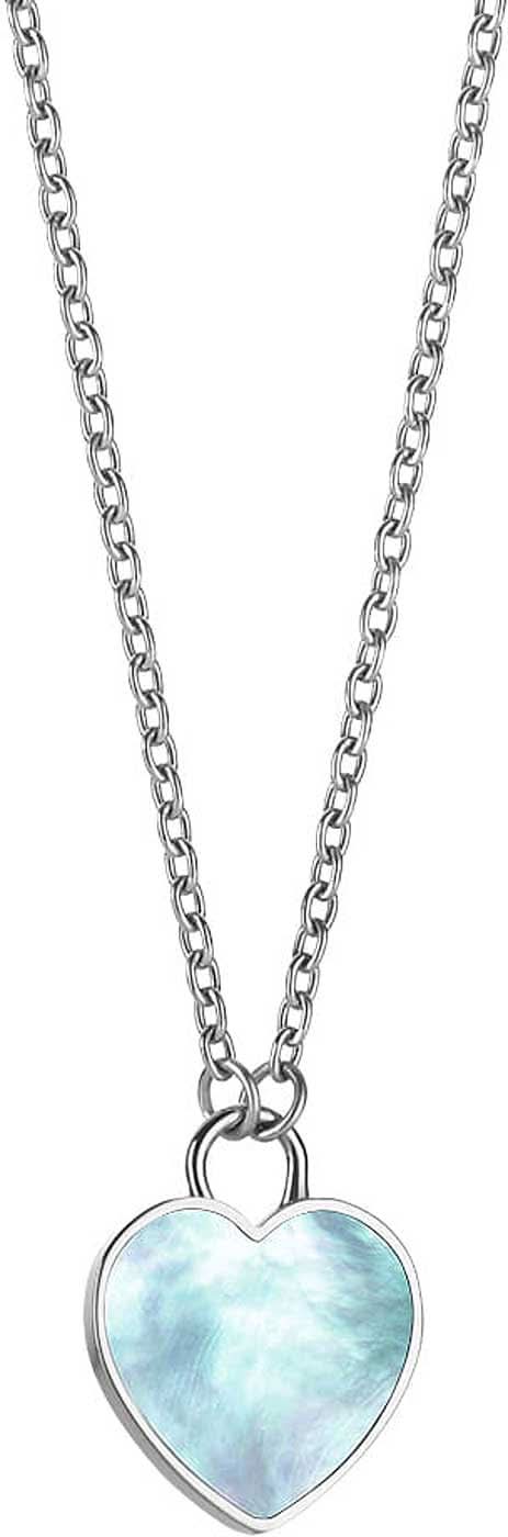 Collier en acier inoxydable avec pendentif en forme de cœur, aspect marbré bleu clair