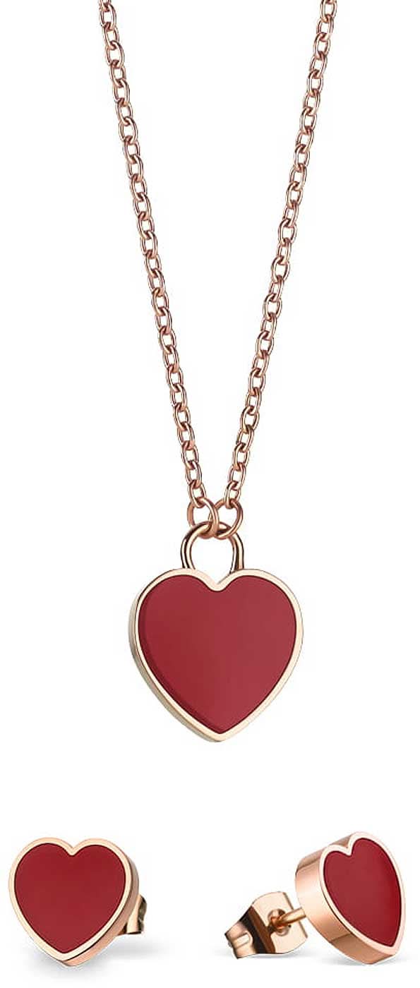 Collier avec pendentif cœur et clous d'oreilles cœur, chaîne de bijoux couleur or rose
