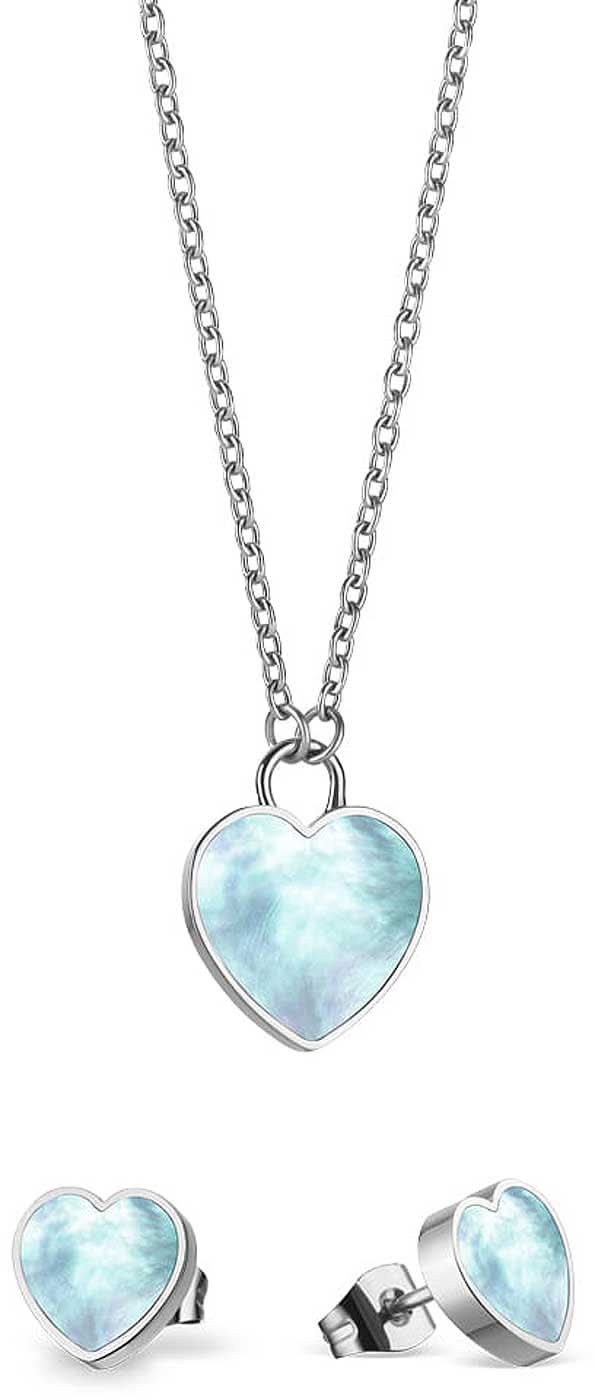 Collier en argent avec pendentif en forme de cœur et clous d'oreilles assortis, cœur bleu clair