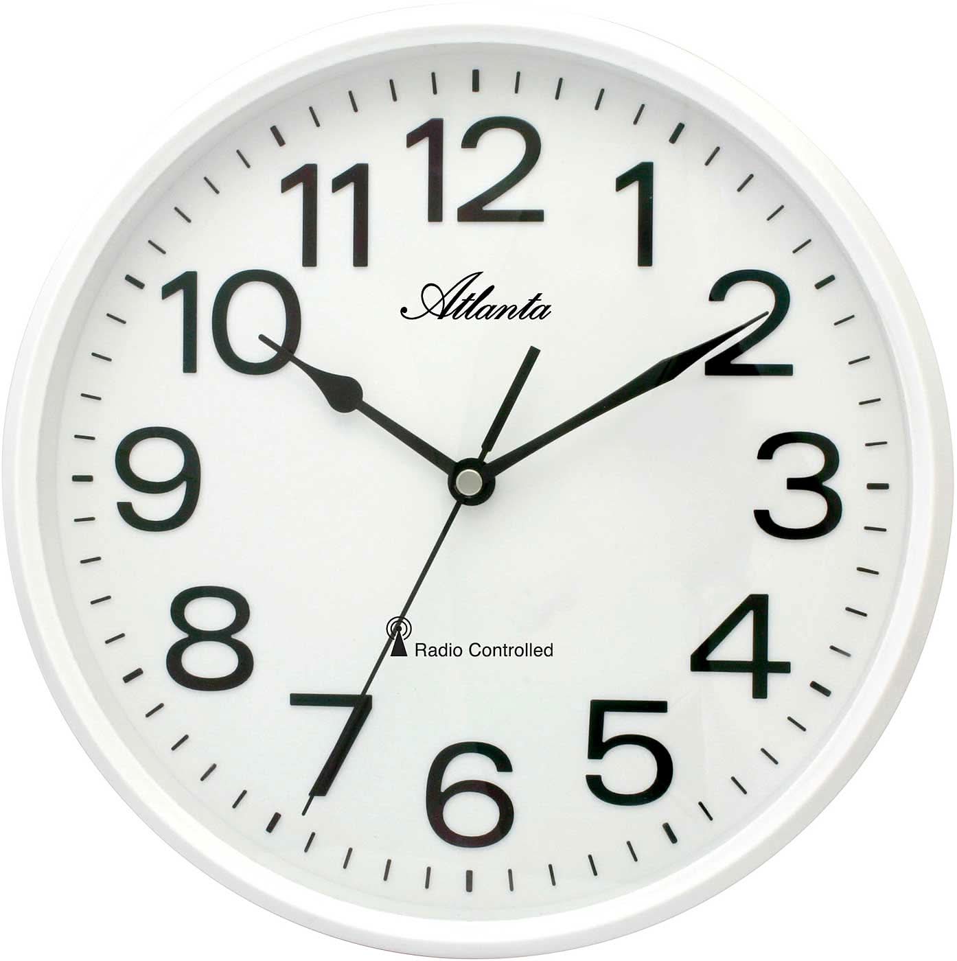 Weiße runde Wanduhr aus Kunststoff mit schwarzen Ziffern, Zeigern und Atlanta-Schrift.