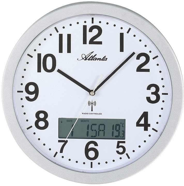 Horloge murale avec cadre rond en plastique argenté, cadran blanc et affichage numérique de la date