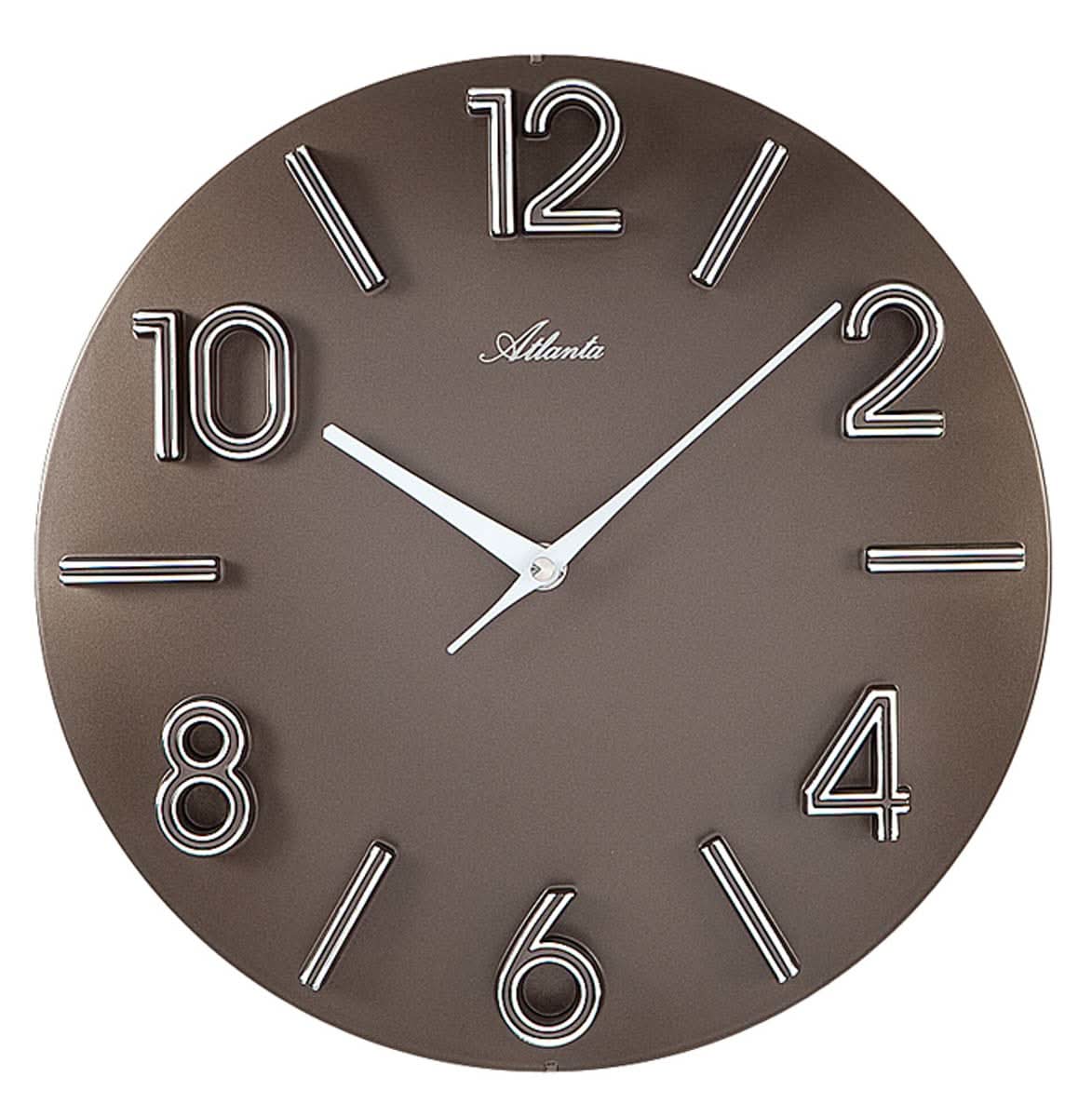 Horloge murale ronde avec cadran marron, aiguilles bâtons blanches et grands chiffres