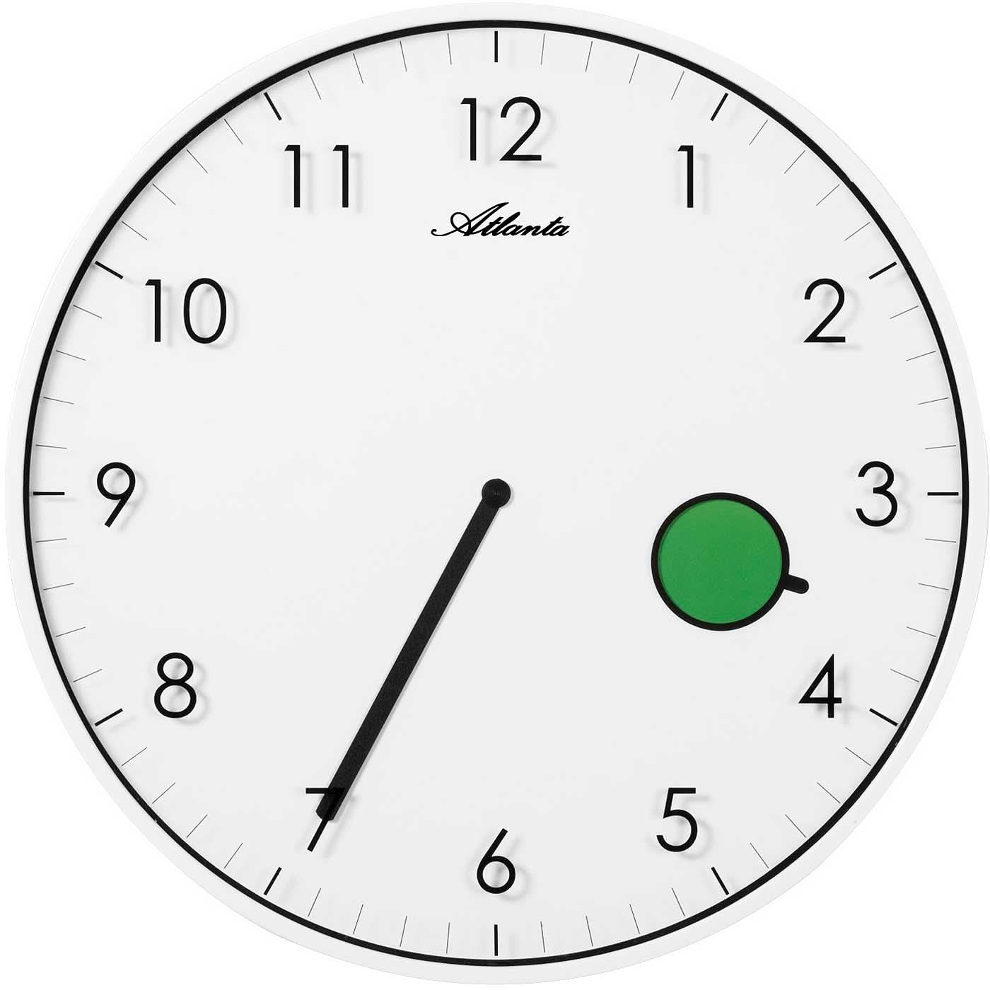 Horloge murale ronde Atlanta avec cadran blanc, chiffres noirs, aiguilles noires et accent vert à 3 heures