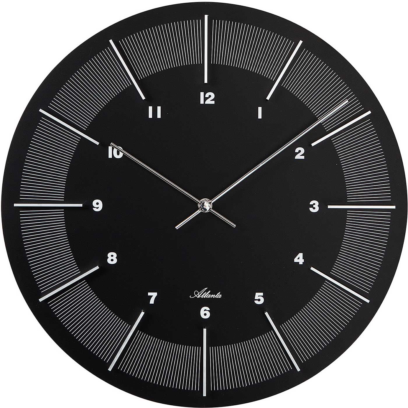 Atlanta Wanduhr mit schwarzem Ziffernblatt, Strichmarkierungen und silbernen Zeigern, rund