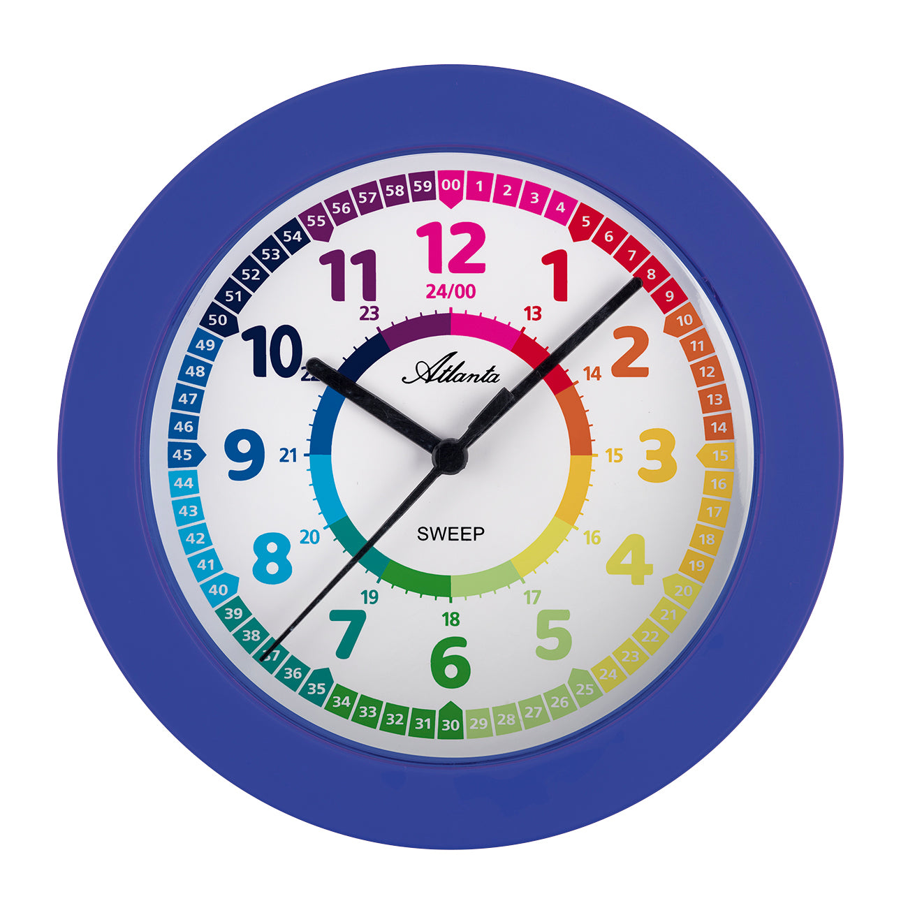 Horloge murale pour enfants avec cadre bleu, cadran d'apprentissage avec chiffres et aiguilles colorés