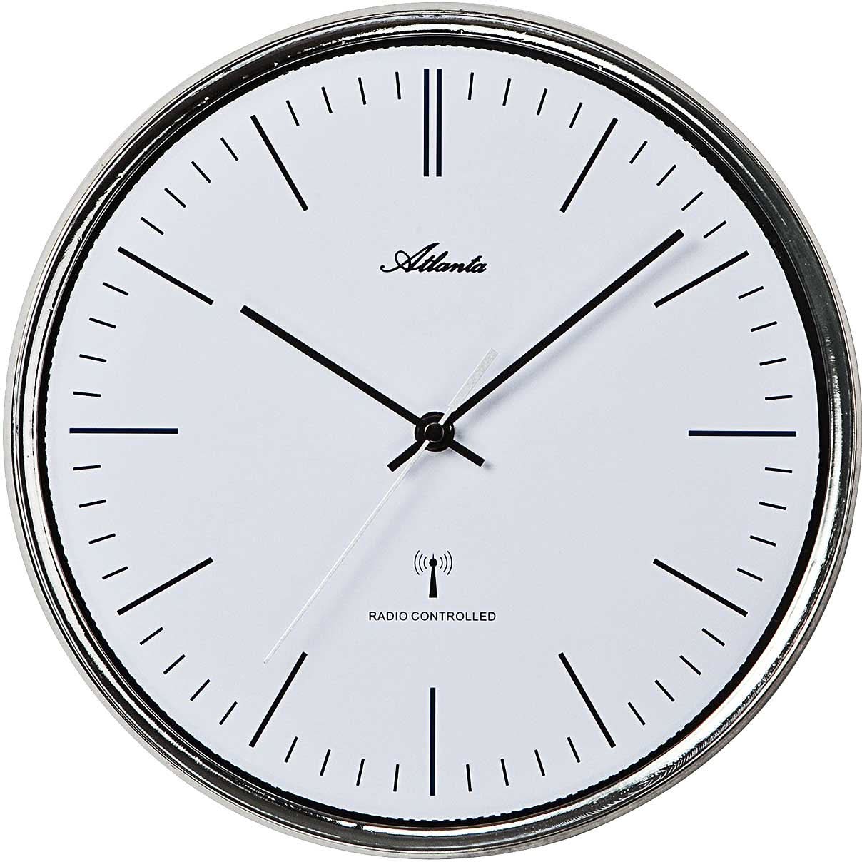 Horloge murale ronde avec cadre en métal argenté, cadran blanc et aiguilles noires, Atlanta