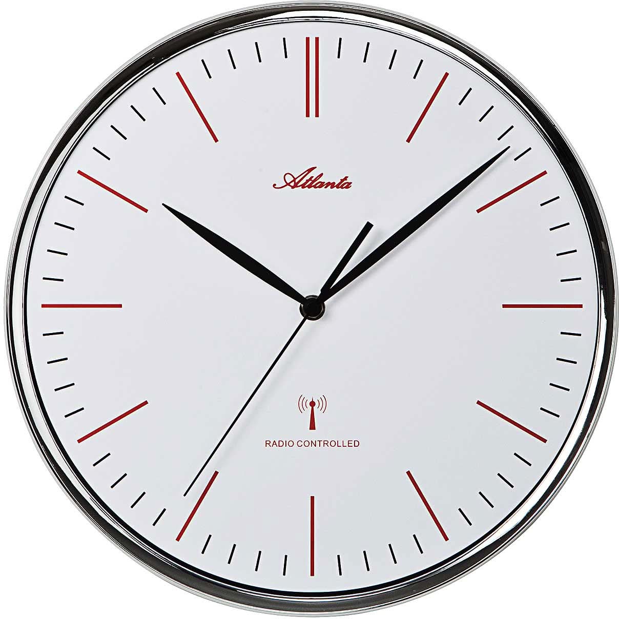 Wanduhr mit rundem Gehäuse, weißem Zifferblatt, schwarzen Zeigern und roten Markierungen, Funk