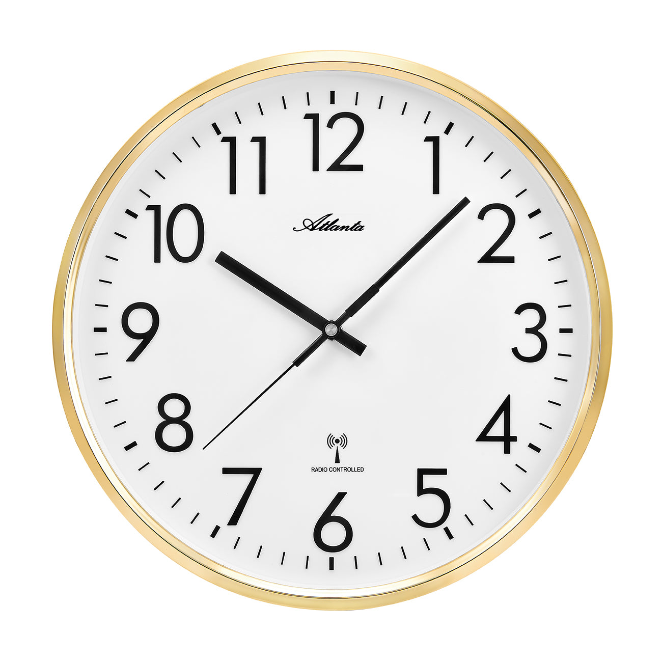 Horloge murale avec cadre doré, cadran blanc, chiffres arabes et icône radio
