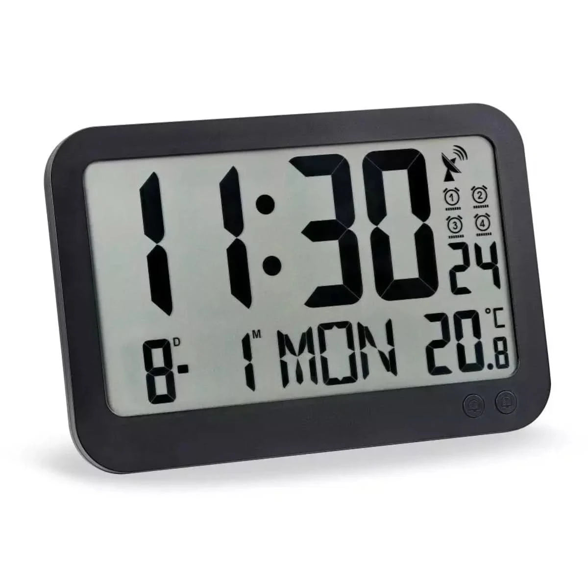 Wanduhr mit großer Digitalanzeige, dunkler Rahmen, Temperaturanzeige und Symbole