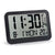 Wanduhr mit großer Digitalanzeige, dunkler Rahmen, Temperaturanzeige und Symbole