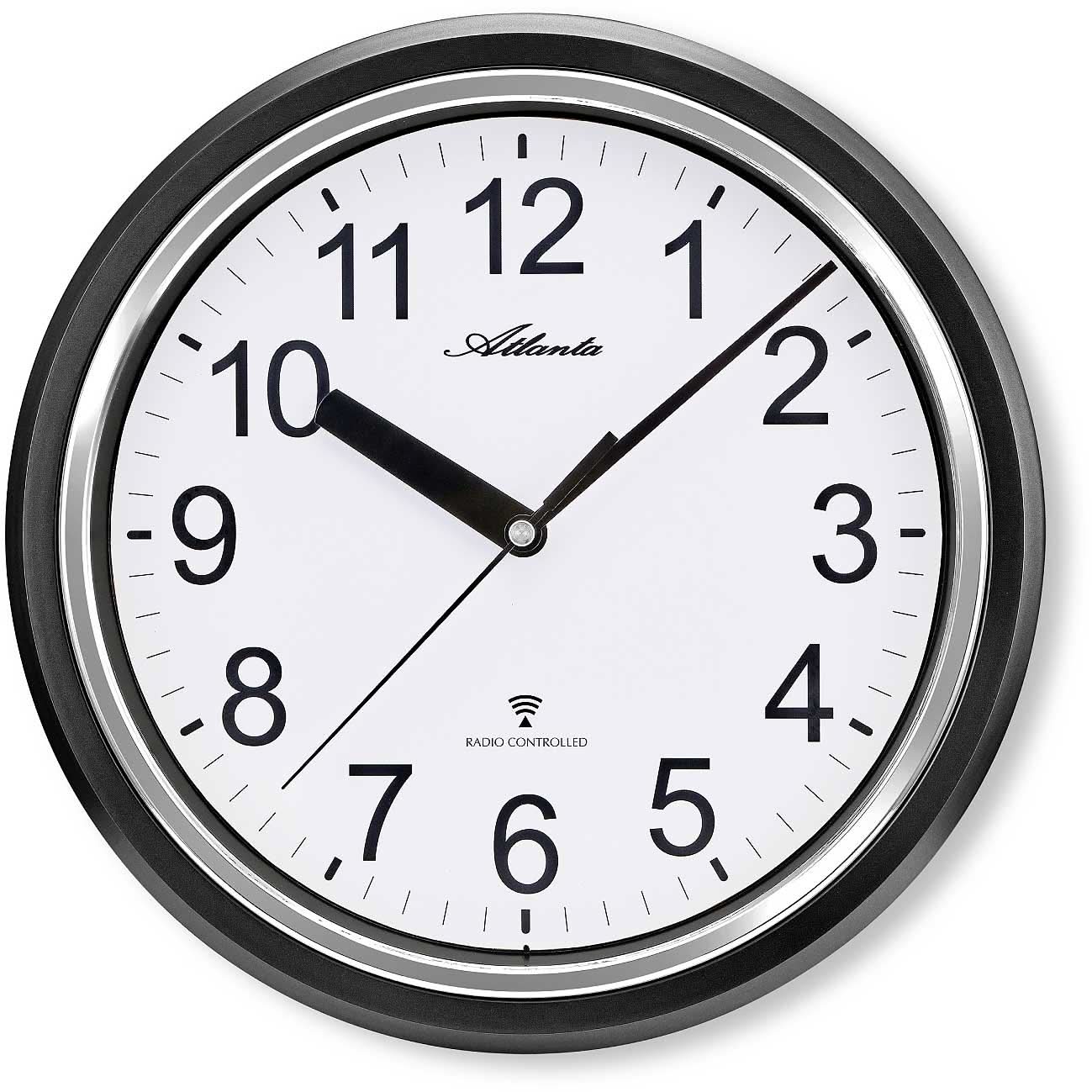 Horloge murale Atlanta avec cadre en plastique noir et cadran blanc, radio-pilotée