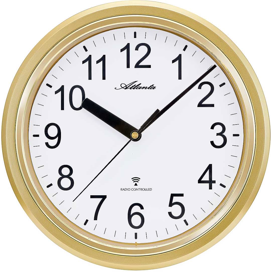Runde Wanduhr mit goldenem Kunststoffrahmen, weißem Zifferblatt und schwarzen Zeigern