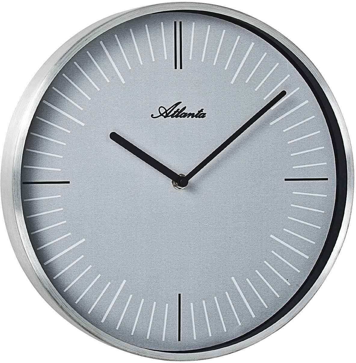Runde Metall-Wanduhr mit silbernem Rand, grauem Zifferblatt und schwarzen Zeigern