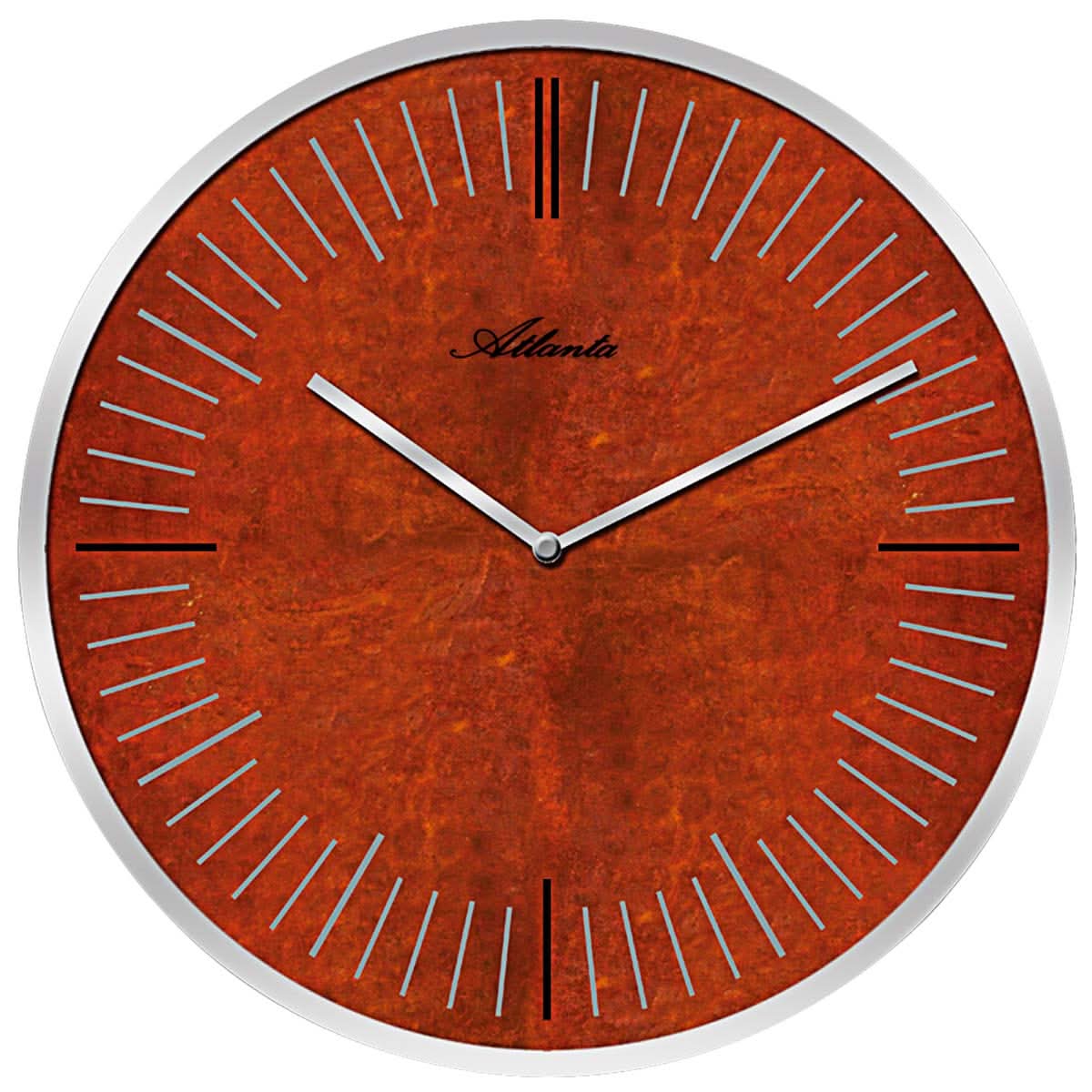 Horloge murale ronde avec cadre en métal et cadran aspect rouille, index bâtons et aiguilles.