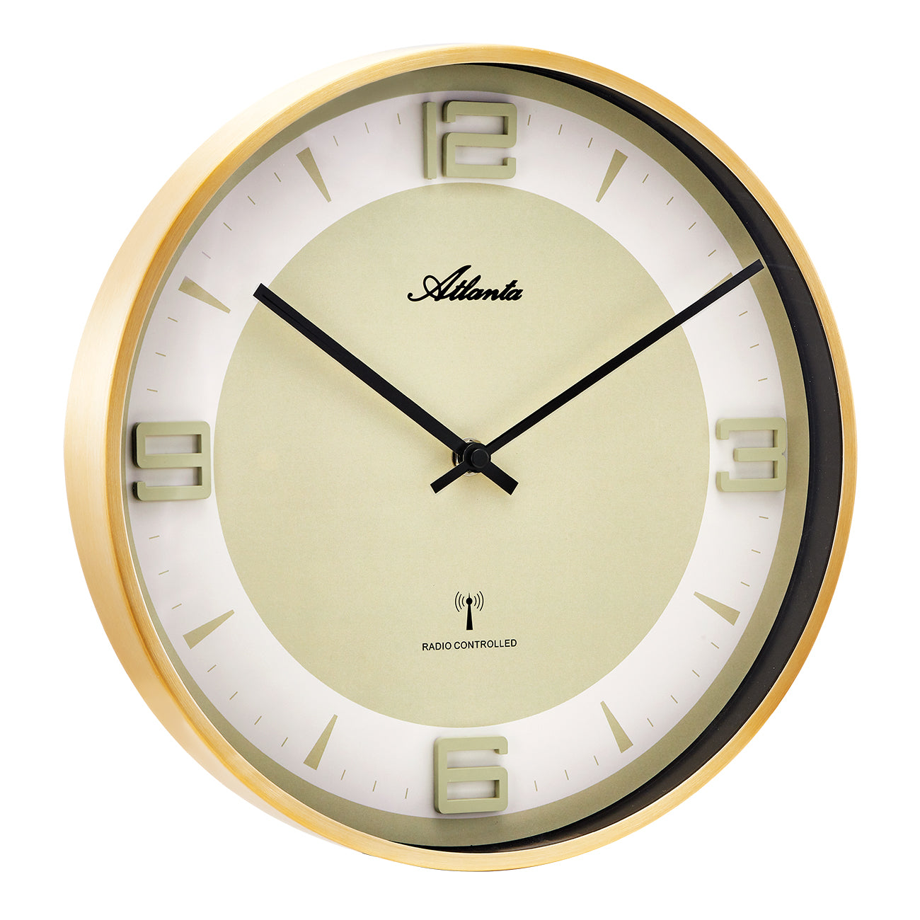 Horloge murale avec boîtier rond en métal doré, cadran blanc et aiguilles noires