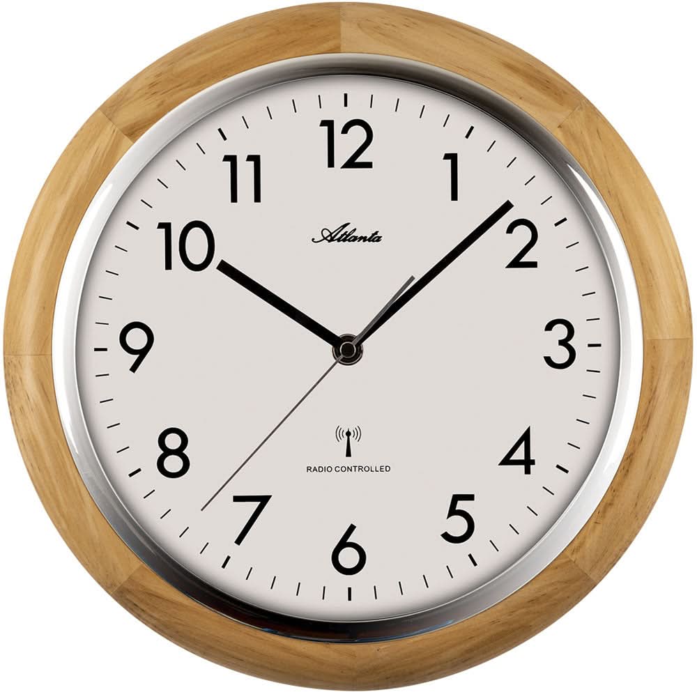 Horloge murale radio-pilotée en bois avec cadre rond en bois, cadran gris et aiguilles noires